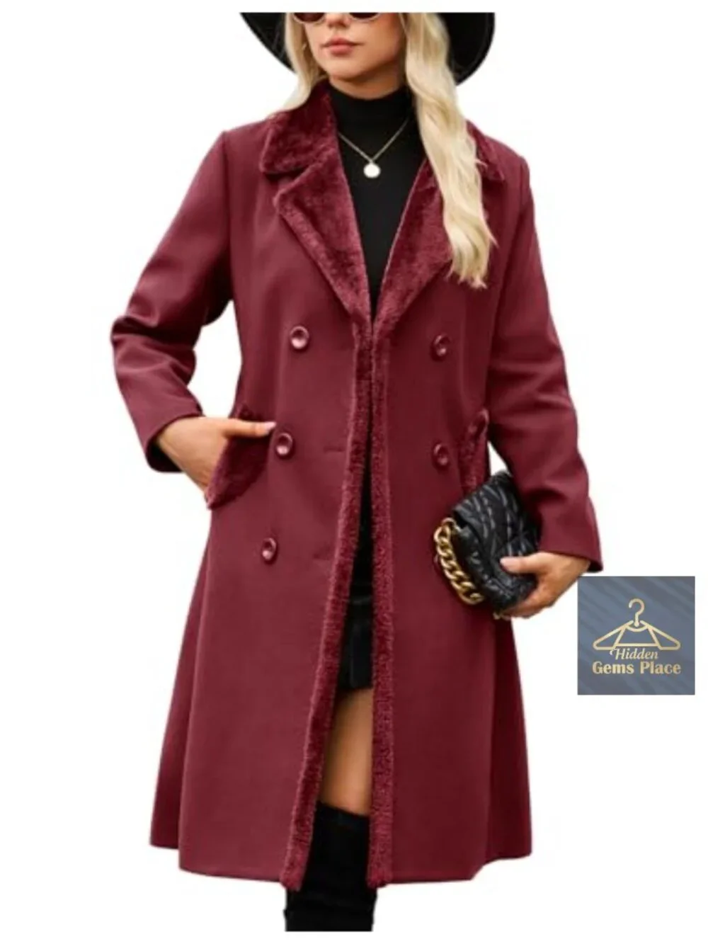 Women's Faux Fur Notched Lapel Double-Breasted Pea Coat Winter